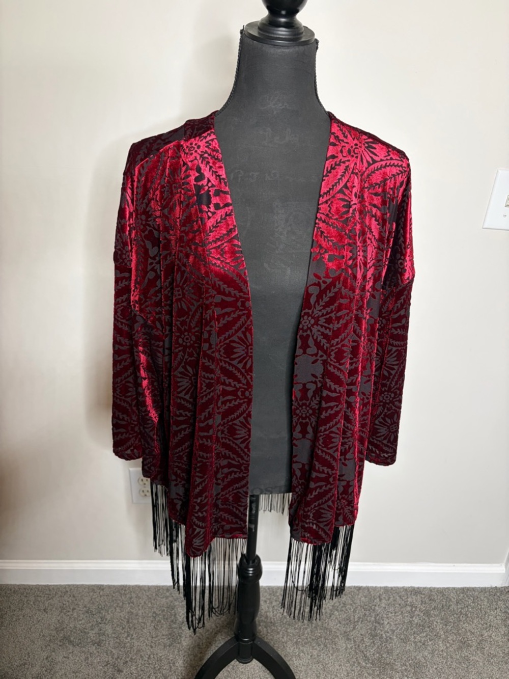 Red Velvet Fringe Open Front Cardigan Renasant Boho festival rave